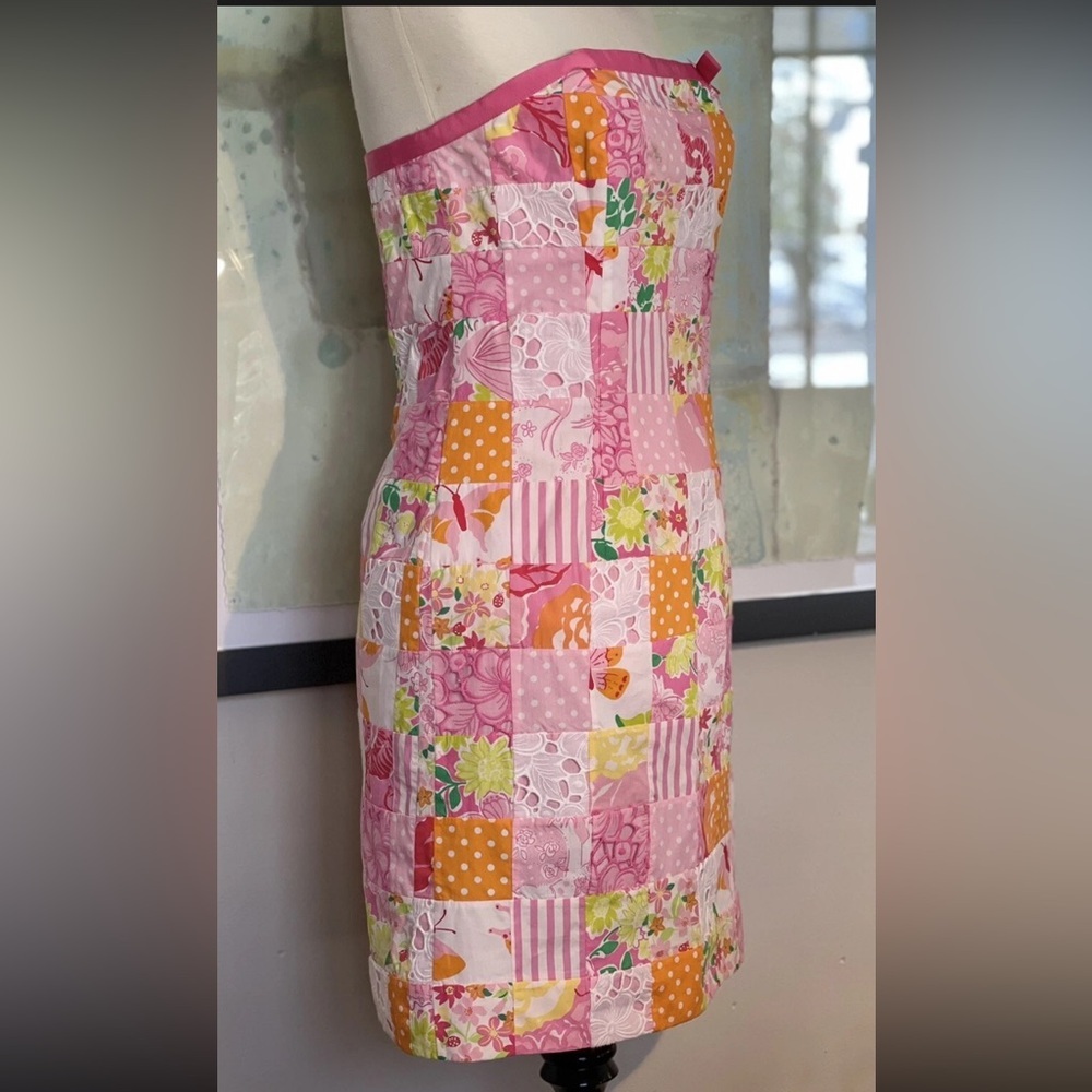 👗LILLY PULITZER VTG Retro 90s Quilted Patchwork Strapless Dress Sz 2 Pink NWOT - Picture 3 of 15